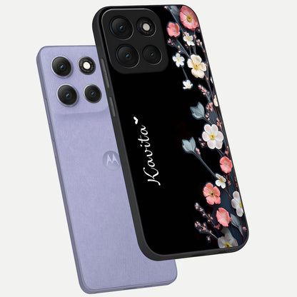  Black Elegance Floral Custom Name phone case For Moto G86 Power showing premium glass back cover with detailed artwork