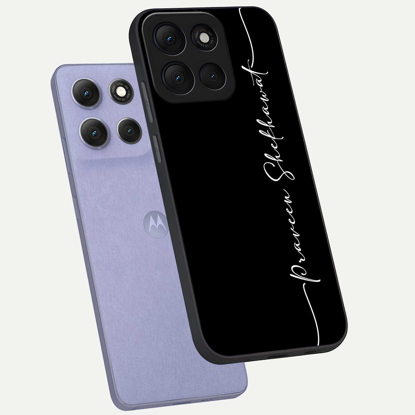  Black Tune Custom Name phone case For Moto G86 Power showing premium glass back cover with detailed artwork