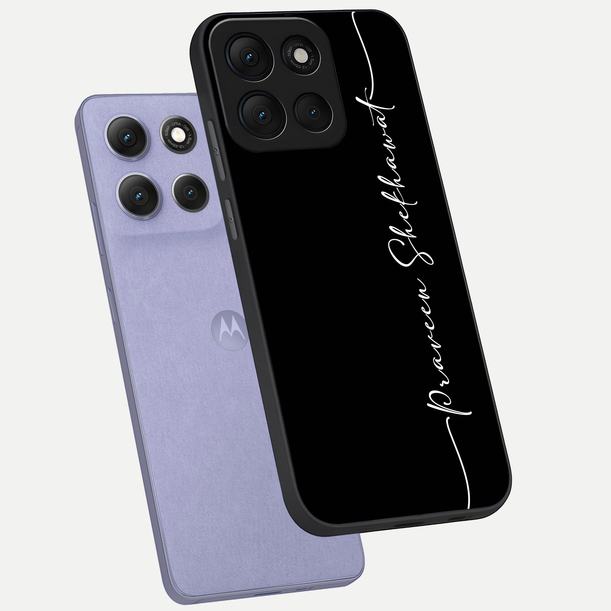 Black Tune Custom Name phone case For Moto G86 Power showing premium glass back cover with detailed artwork