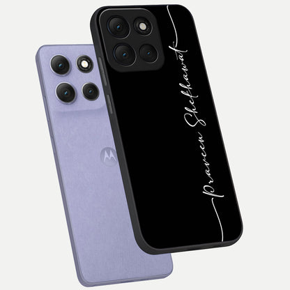  Black Tune Custom Name phone case For Moto G86 Power showing premium glass back cover with detailed artwork