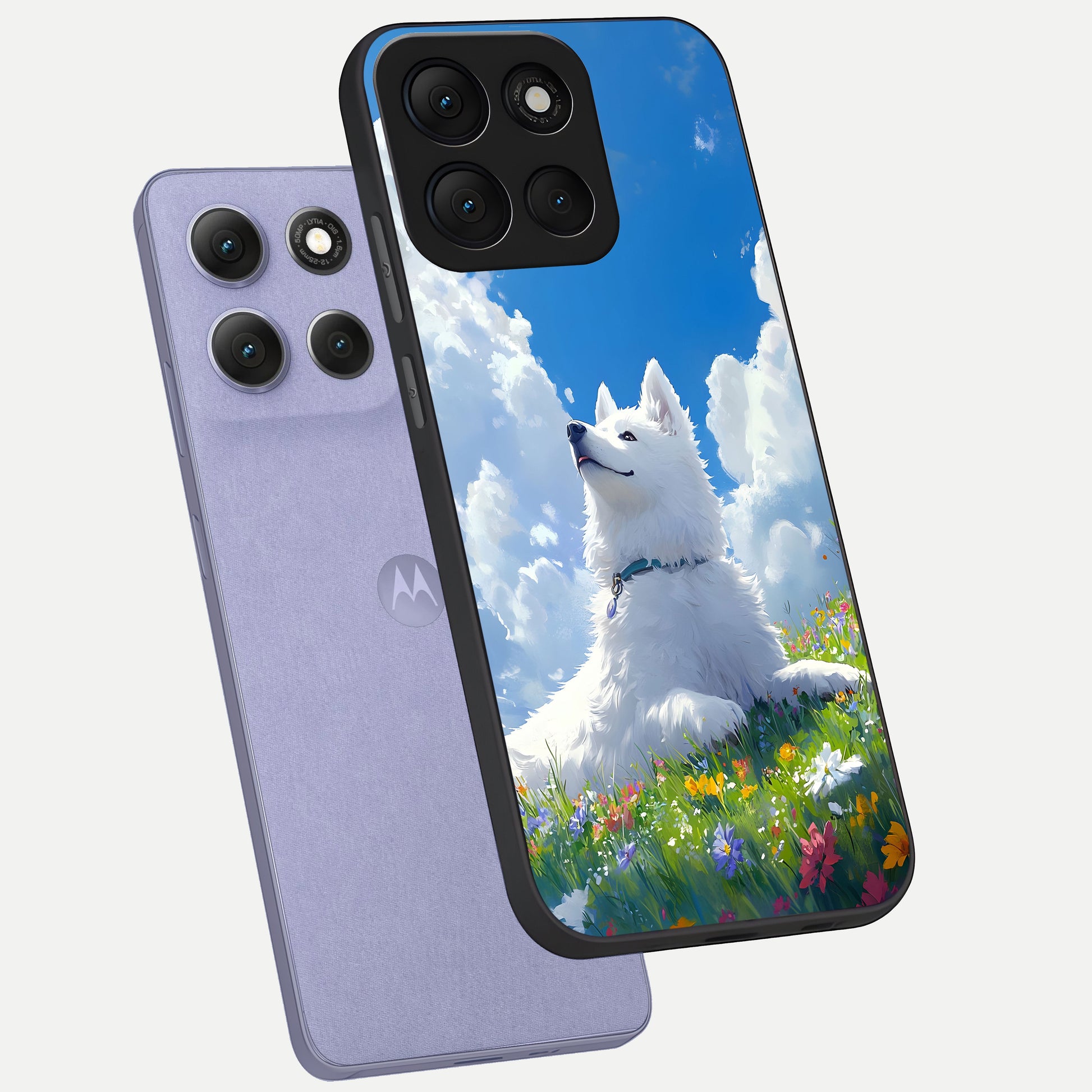  Blissful Cloud Pup phone case For Moto G86 Power showing premium glass back cover with detailed artwork