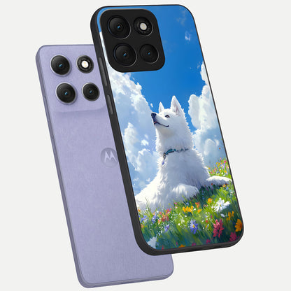  Blissful Cloud Pup phone case For Moto G86 Power showing premium glass back cover with detailed artwork