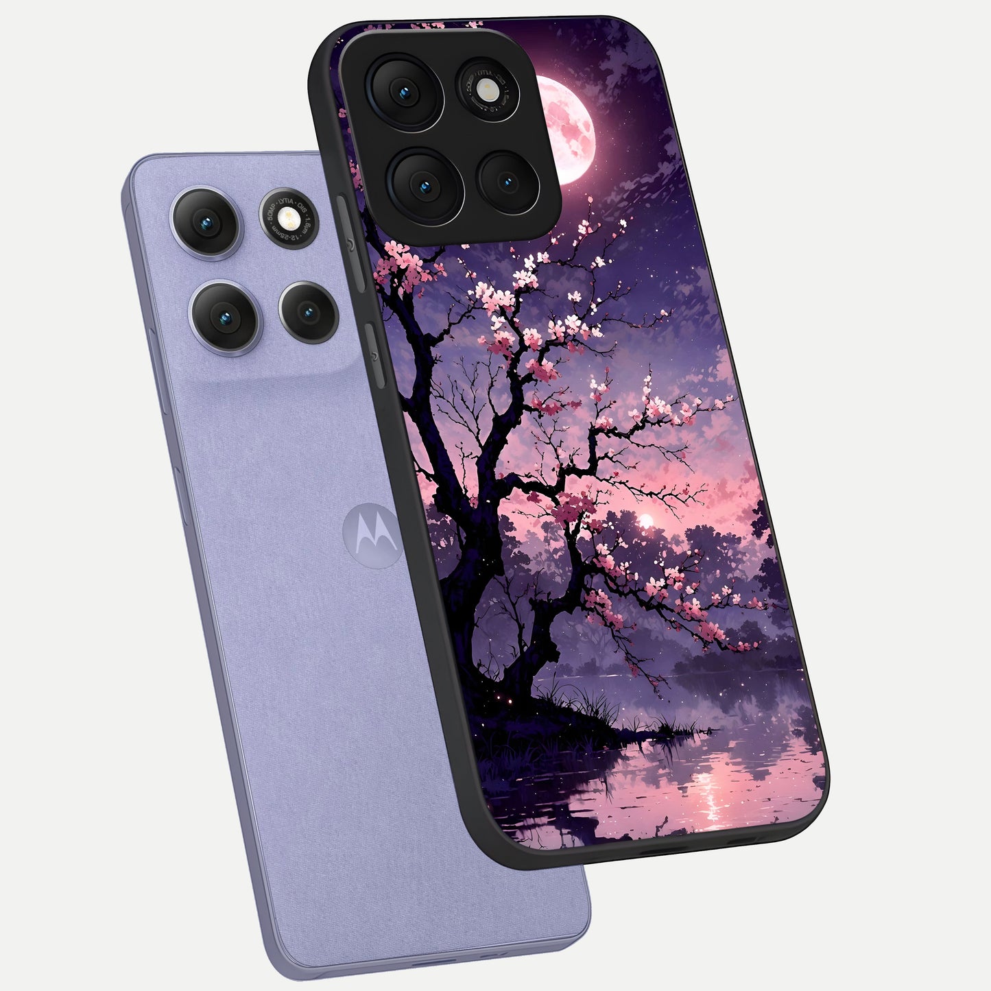  Blossom Pink Moon phone case For Moto G86 Power showing premium glass back cover with detailed artwork