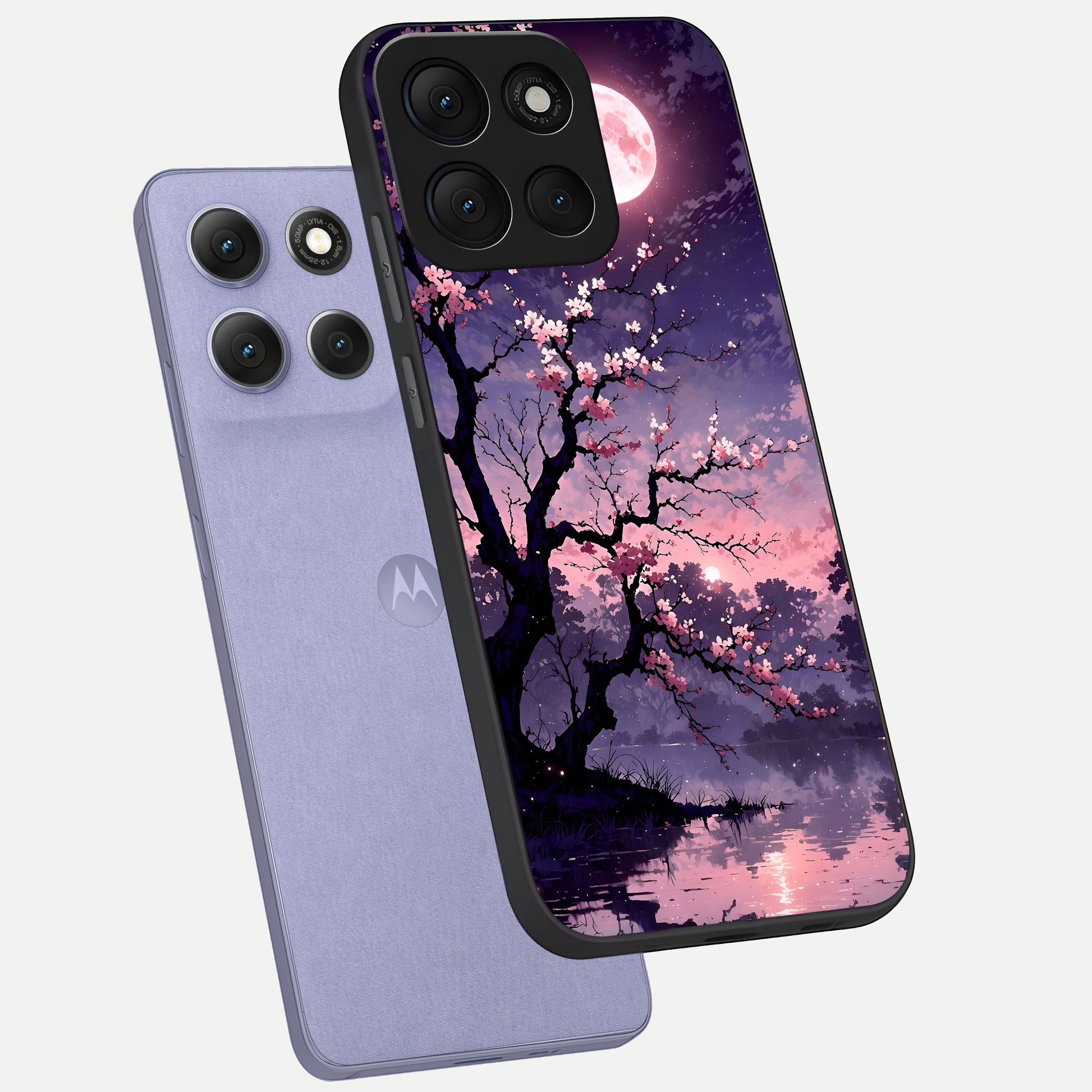  Blossom Pink Moon phone case For Moto G86 Power showing premium glass back cover with detailed artwork