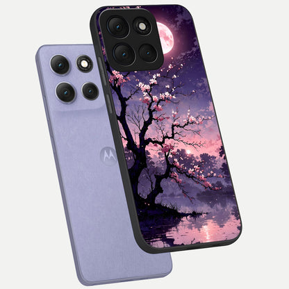  Blossom Pink Moon phone case For Moto G86 Power showing premium glass back cover with detailed artwork