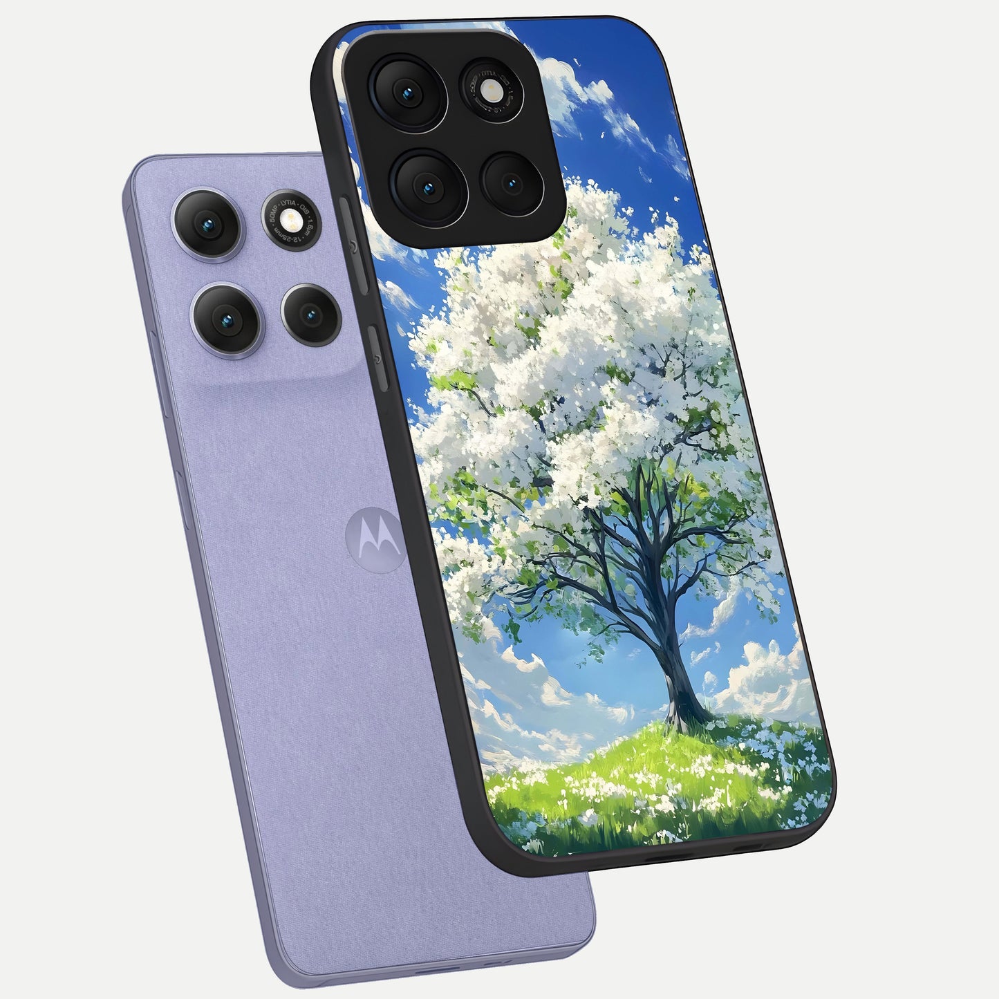  Blossom Sky Serenity phone case For Moto G86 Power showing premium glass back cover with detailed artwork