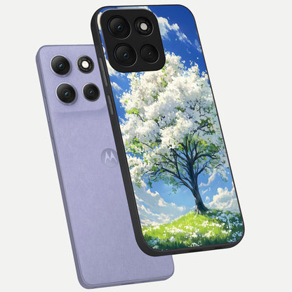  Blossom Sky Serenity phone case For Moto G86 Power showing premium glass back cover with detailed artwork