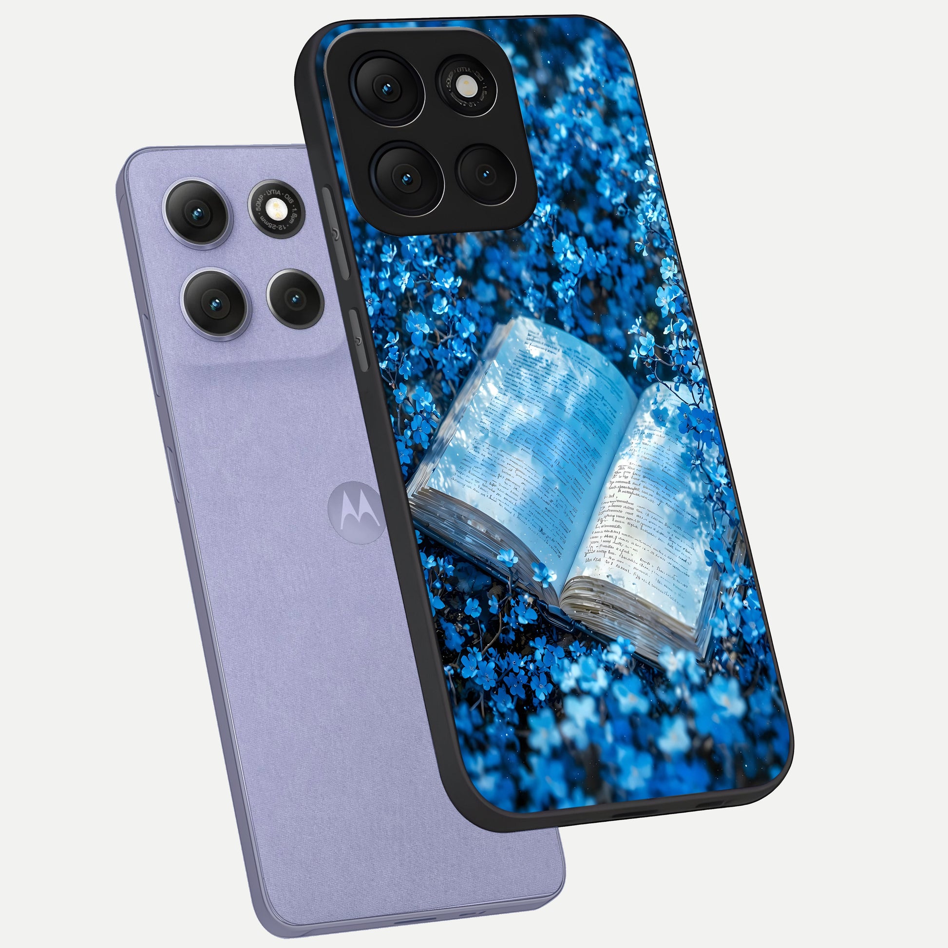  Blue Bloom Tales phone case For Moto G86 Power showing premium glass back cover with detailed artwork