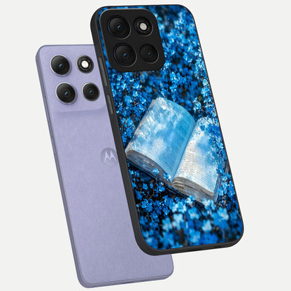  Blue Bloom Tales phone case For Moto G86 Power showing premium glass back cover with detailed artwork