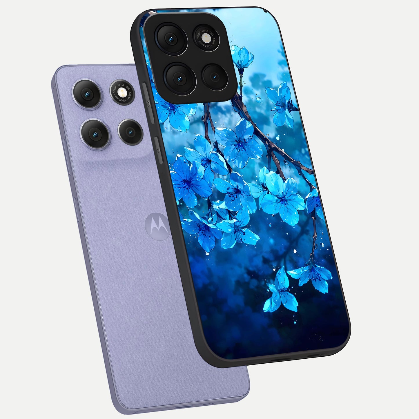  Blue Blossoms Branch phone case For Moto G86 Power showing premium glass back cover with detailed artwork