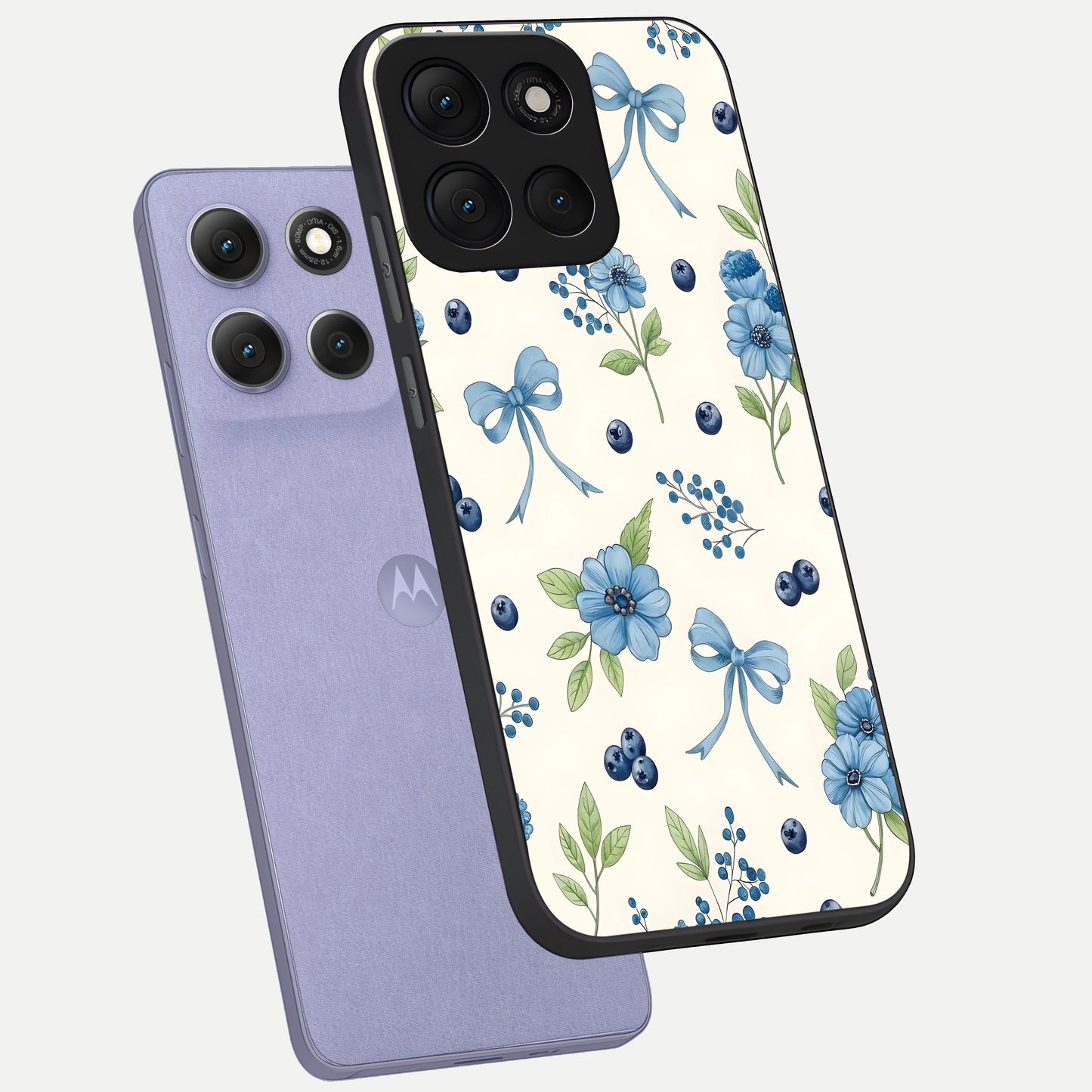  Blue Flower And Bow phone case For Moto G86 Power showing premium glass back cover with detailed artwork