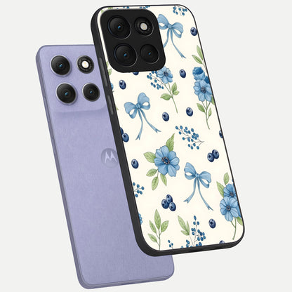  Blue Flower And Bow phone case For Moto G86 Power showing premium glass back cover with detailed artwork