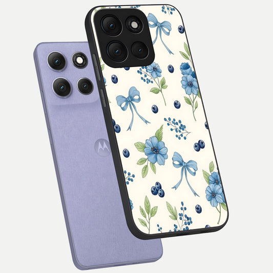  Blue Flower And Bow phone case For Moto G86 Power showing premium glass back cover with detailed artwork