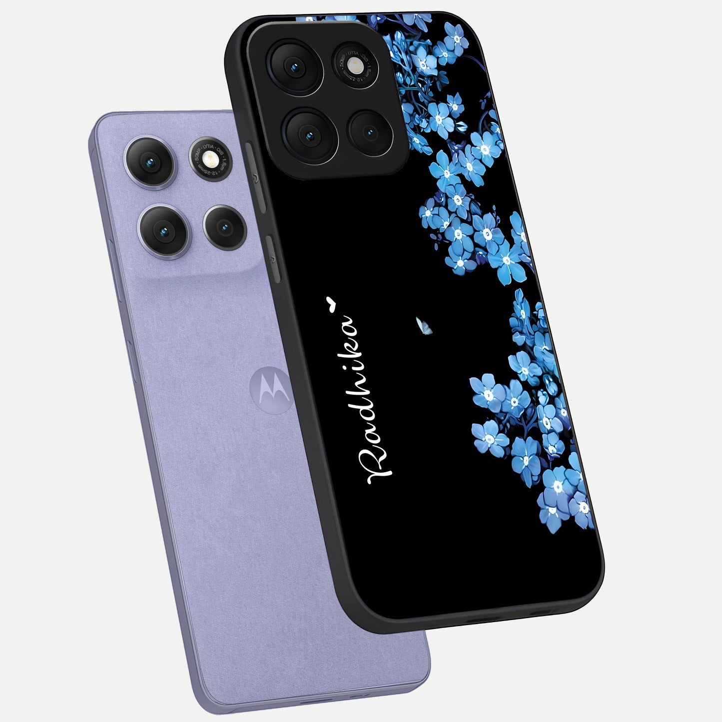  Blue Petal Dream Custom Name phone case For Moto G86 Power showing premium glass back cover with detailed artwork