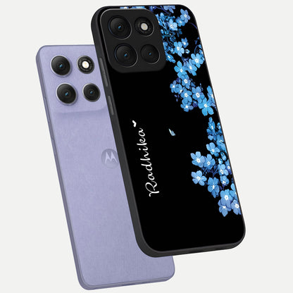  Blue Petal Dream Custom Name phone case For Moto G86 Power showing premium glass back cover with detailed artwork