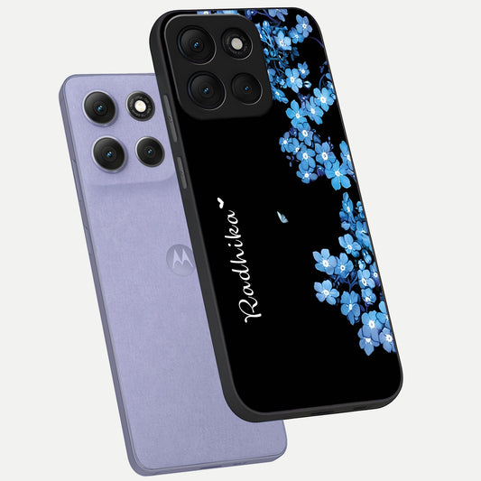  Blue Petal Dream Custom Name phone case For Moto G86 Power showing premium glass back cover with detailed artwork