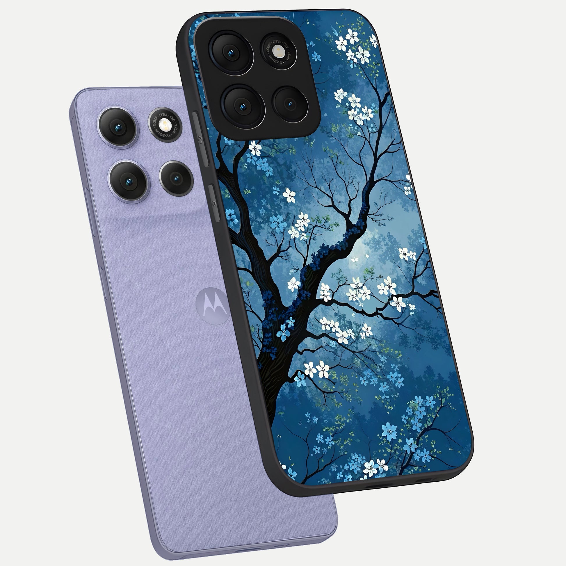  Blue Tree Serenity phone case For Moto G86 Power showing premium glass back cover with detailed artwork