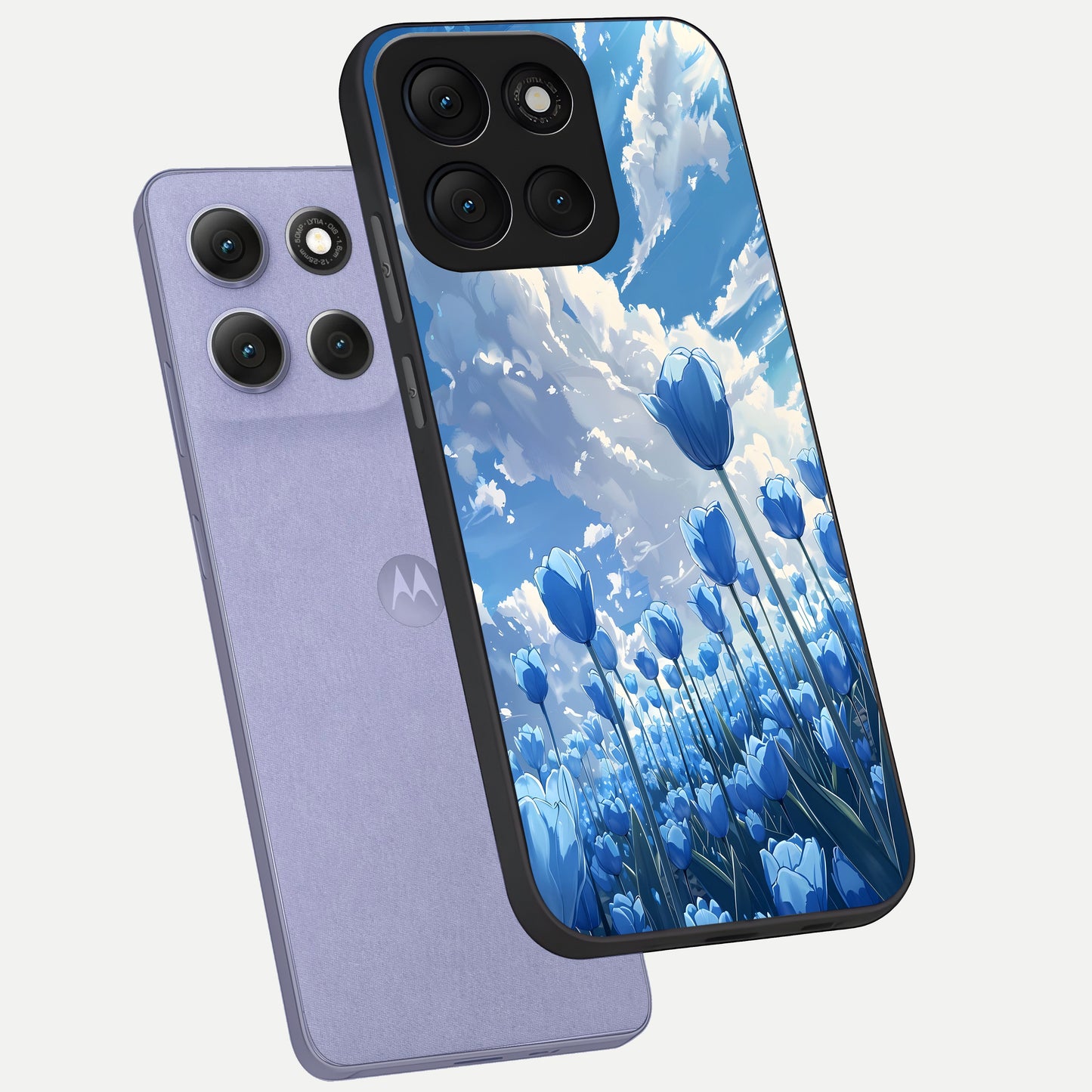  Blue Tulip Clouds phone case For Moto G86 Power showing premium glass back cover with detailed artwork