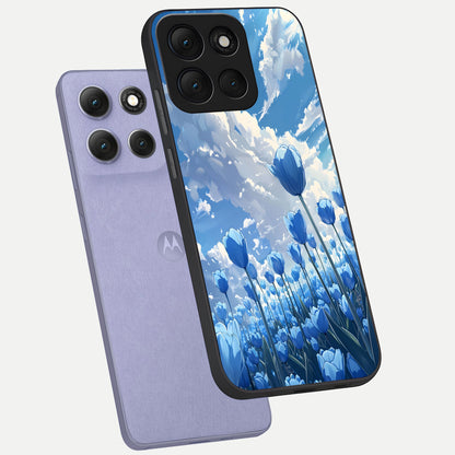 Blue Tulip Clouds phone case For Moto G86 Power showing premium glass back cover with detailed artwork