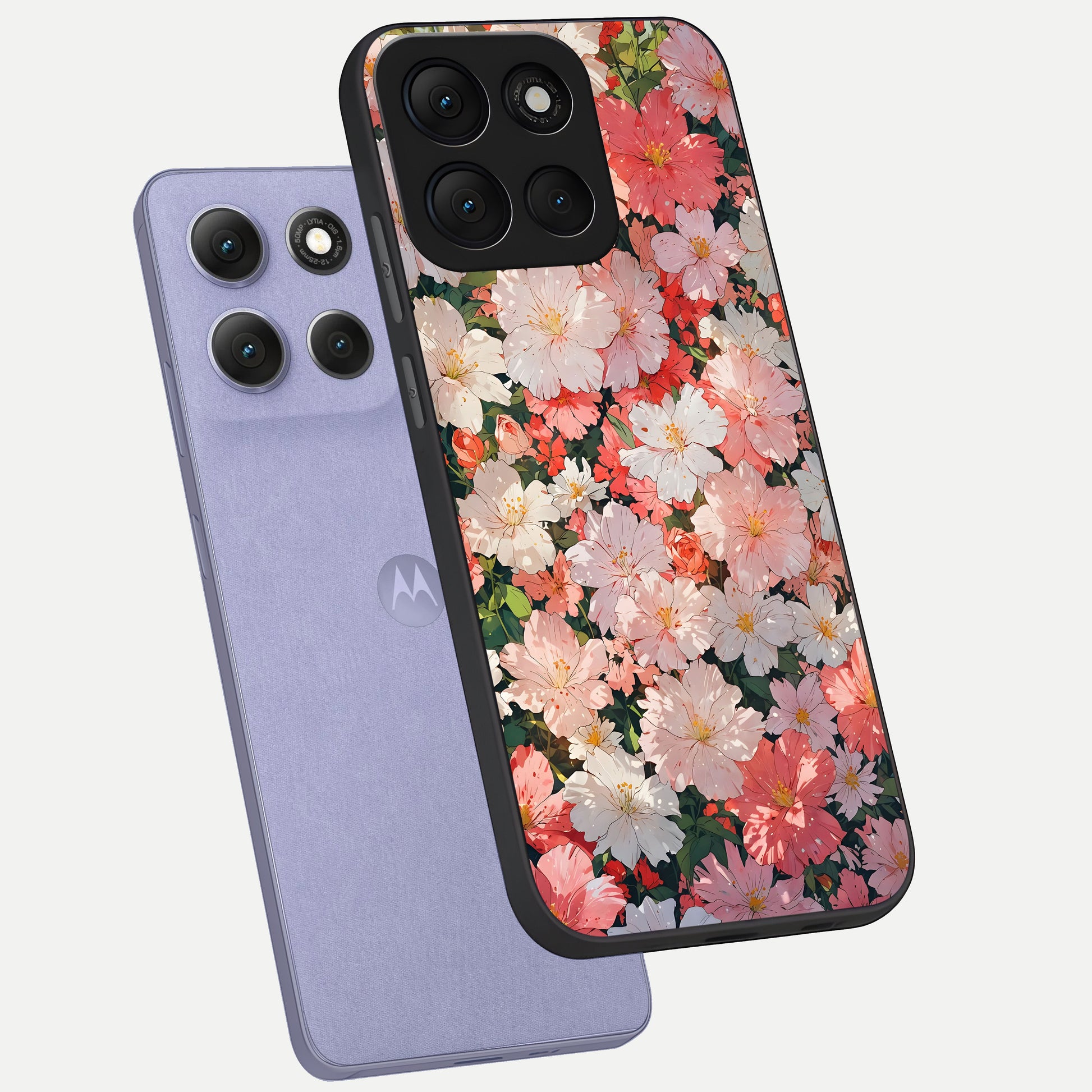  Blush Bloom Field phone case For Moto G86 Power showing premium glass back cover with detailed artwork