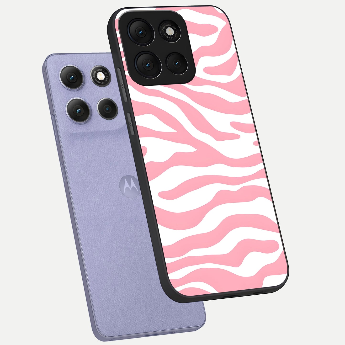  Blush Zebra Flow phone case For Moto G86 Power showing premium glass back cover with detailed artwork