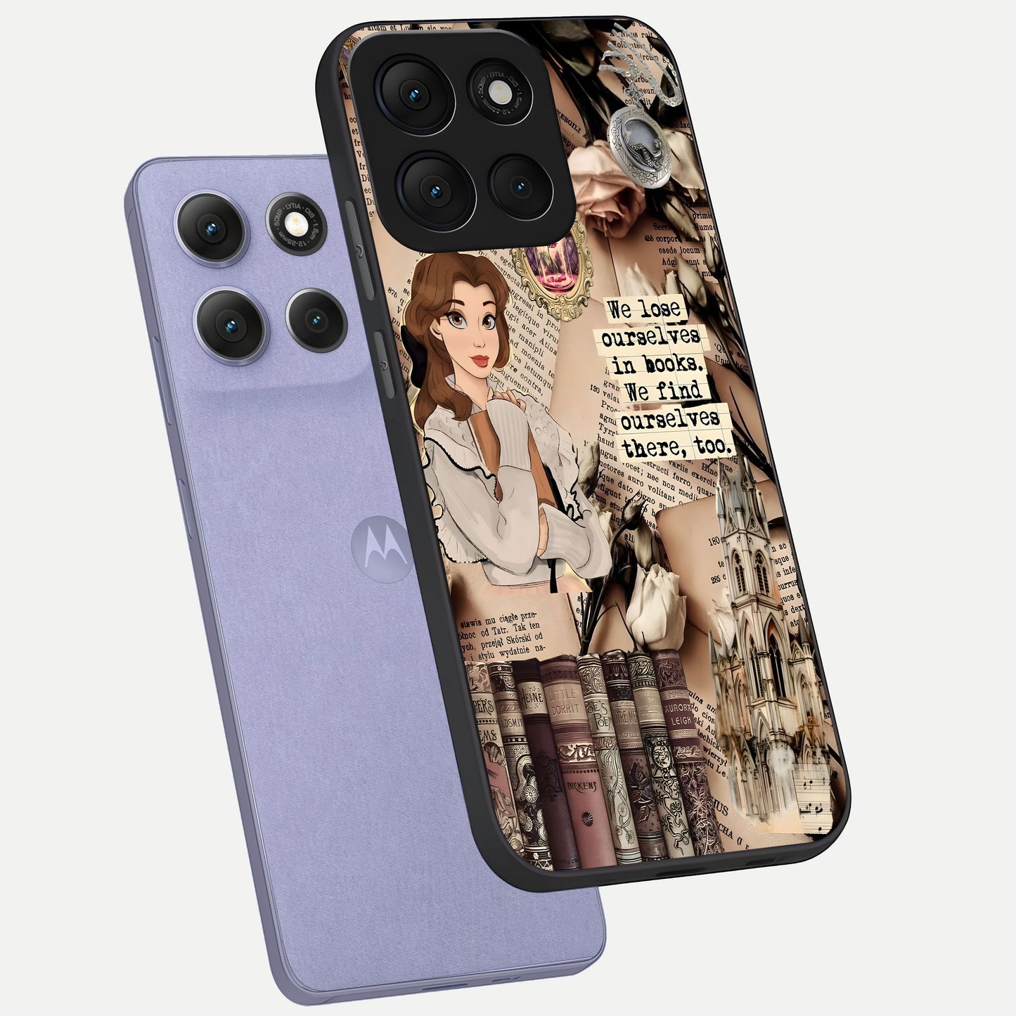  Bookish Dream World phone case For Moto G86 Power showing premium glass back cover with detailed artwork