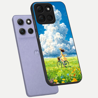  Breezy Meadow Ride phone case For Moto G86 Power showing premium glass back cover with detailed artwork