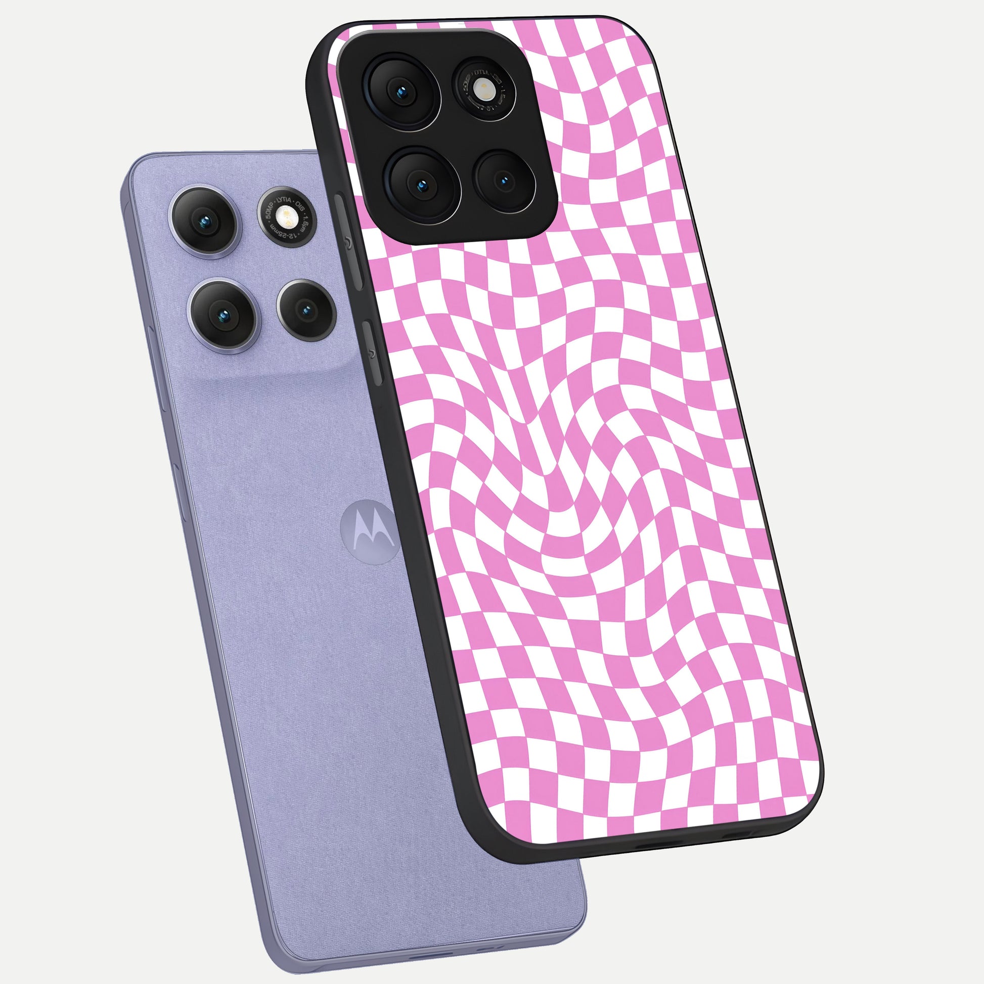  Bubblegum Check Wave phone case For Moto G86 Power showing premium glass back cover with detailed artwork