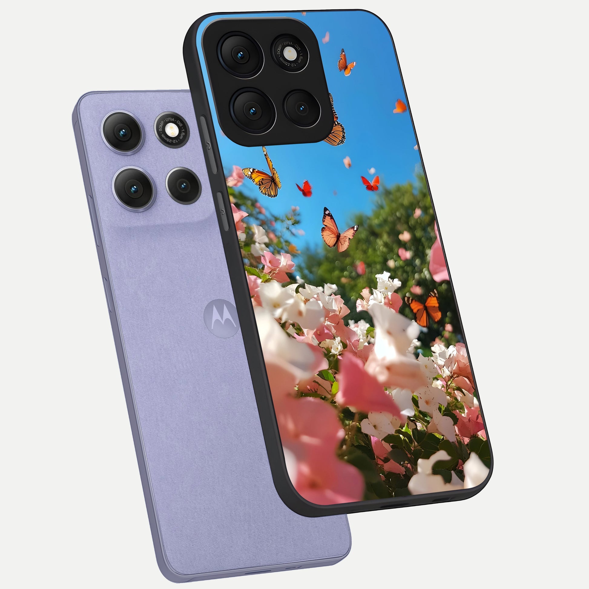  Butterflies In Bloom Sky phone case For Moto G86 Power showing premium glass back cover with detailed artwork