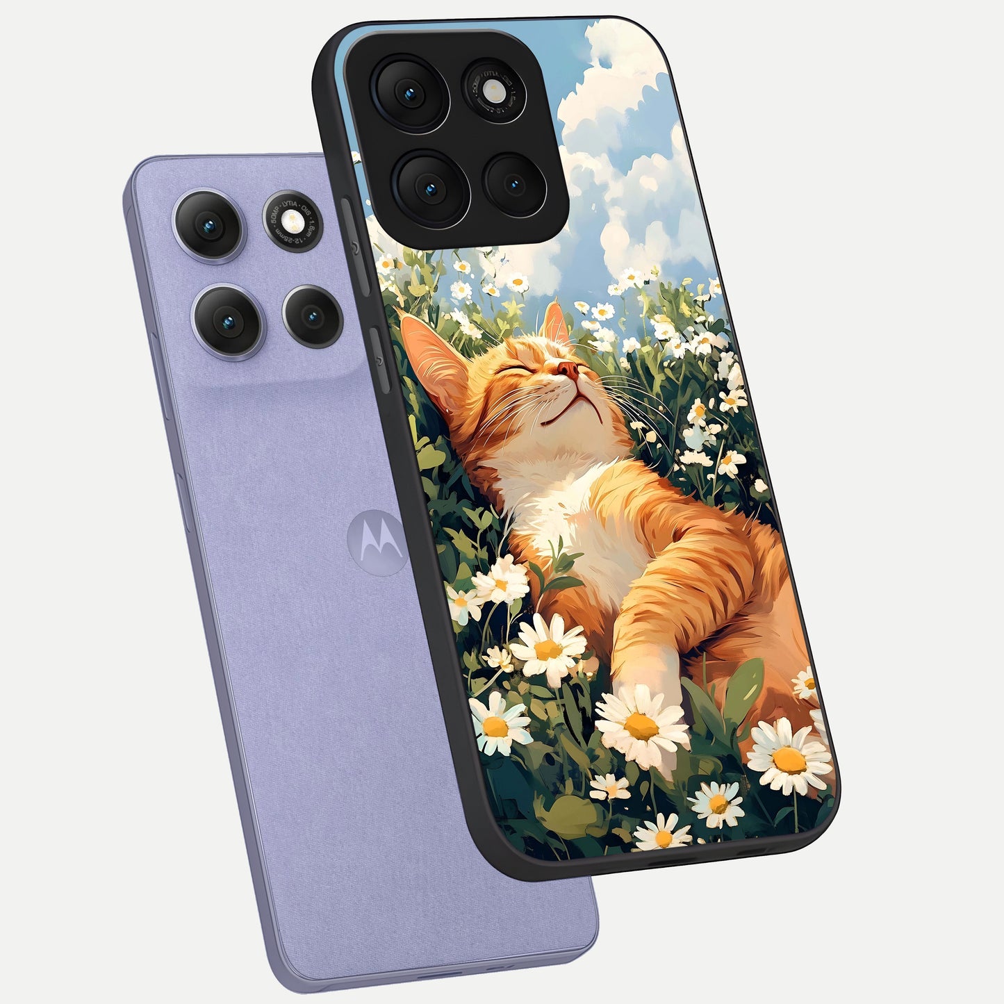  Cat And Flowers View phone case For Moto G86 Power showing premium glass back cover with detailed artwork