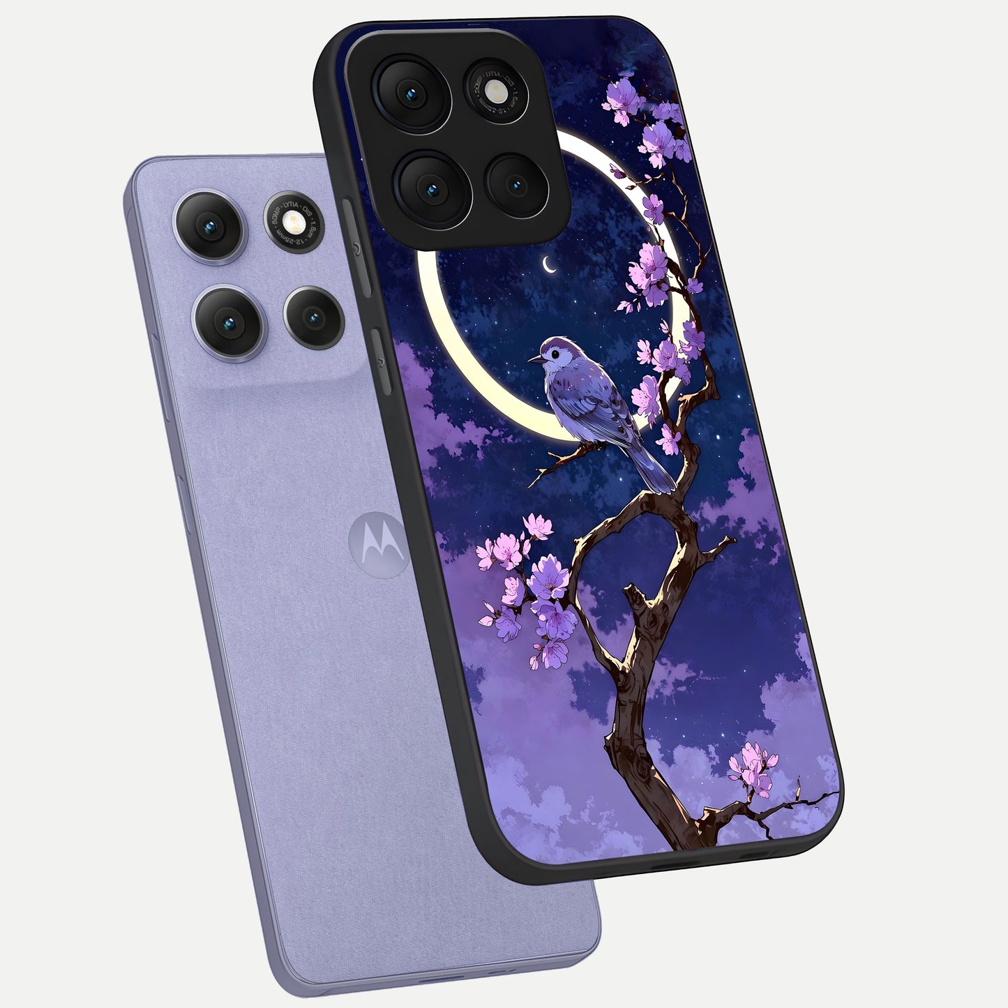  Celestial Bird Blossom phone case For Moto G86 Power showing premium glass back cover with detailed artwork