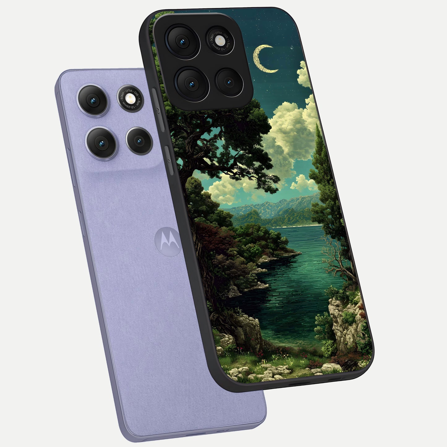  Celestial Lake Peace phone case For Moto G86 Power showing premium glass back cover with detailed artwork