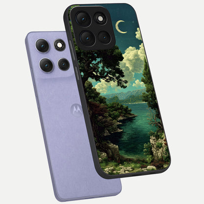  Celestial Lake Peace phone case For Moto G86 Power showing premium glass back cover with detailed artwork