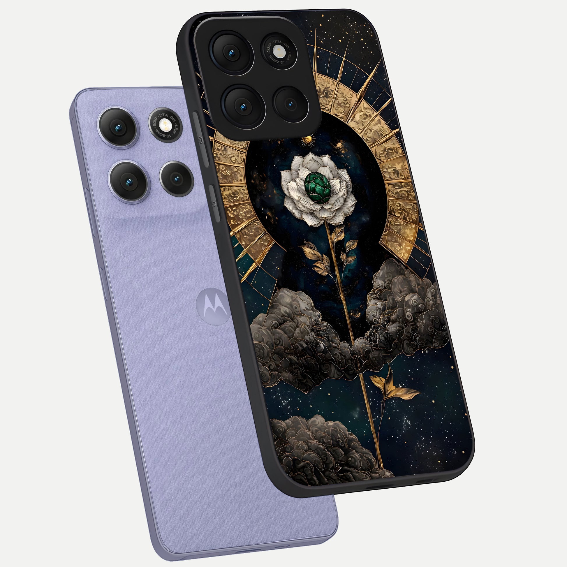  Celestial Lotus Morang phone case For Moto G86 Power showing premium glass back cover with detailed artwork