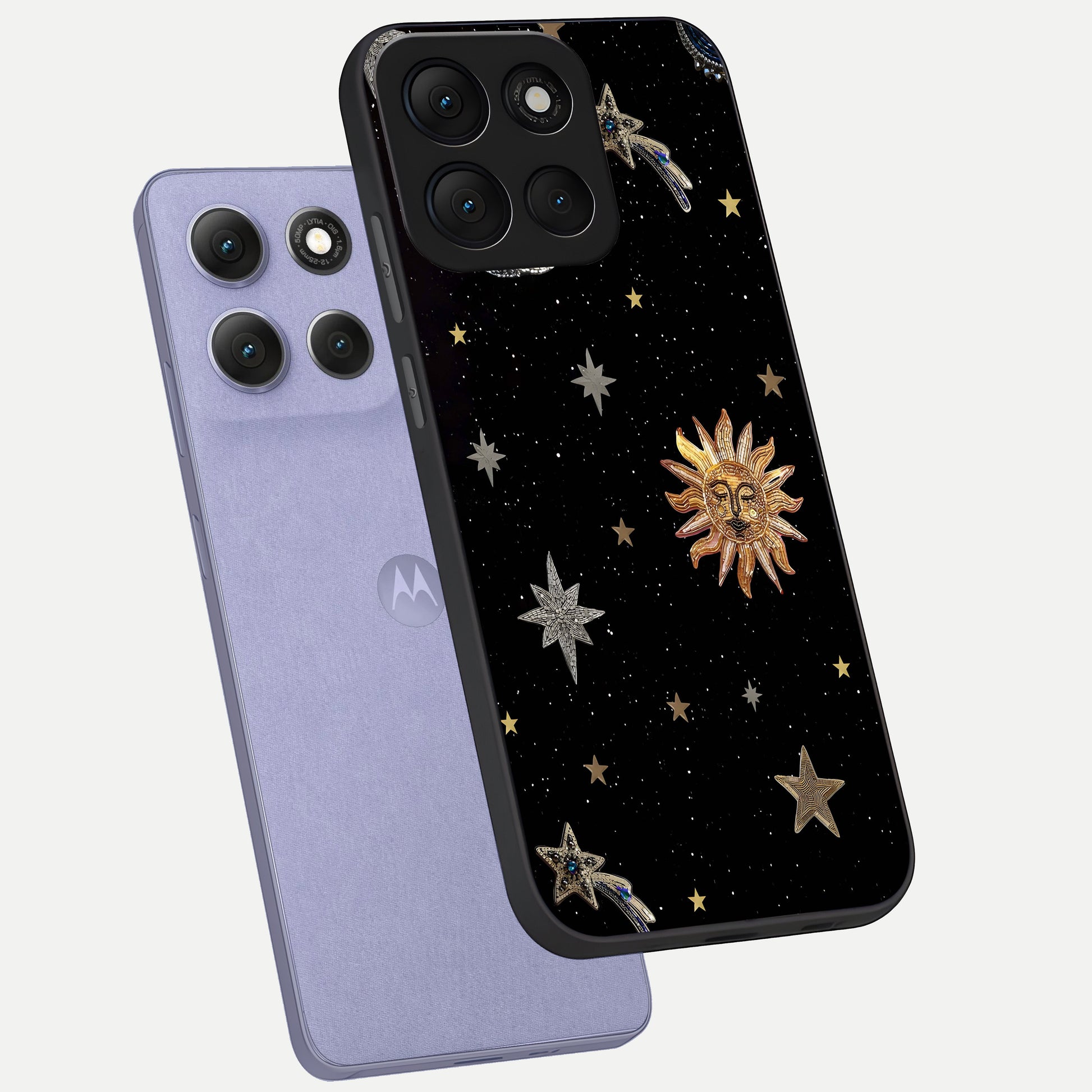  Celestial Moon With Stars phone case For Moto G86 Power showing premium glass back cover with detailed artwork