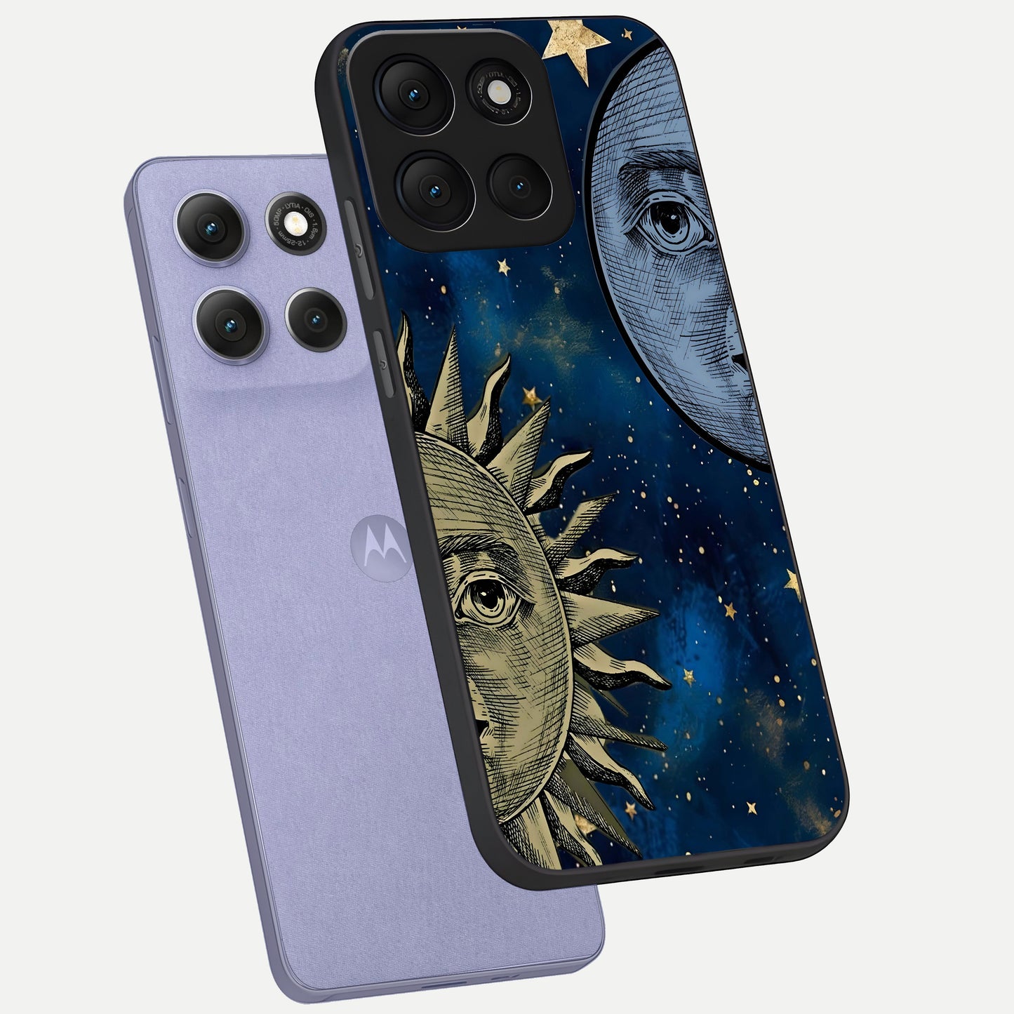  Celestial Moon With Sun phone case For Moto G86 Power showing premium glass back cover with detailed artwork