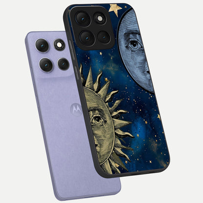  Celestial Moon With Sun phone case For Moto G86 Power showing premium glass back cover with detailed artwork