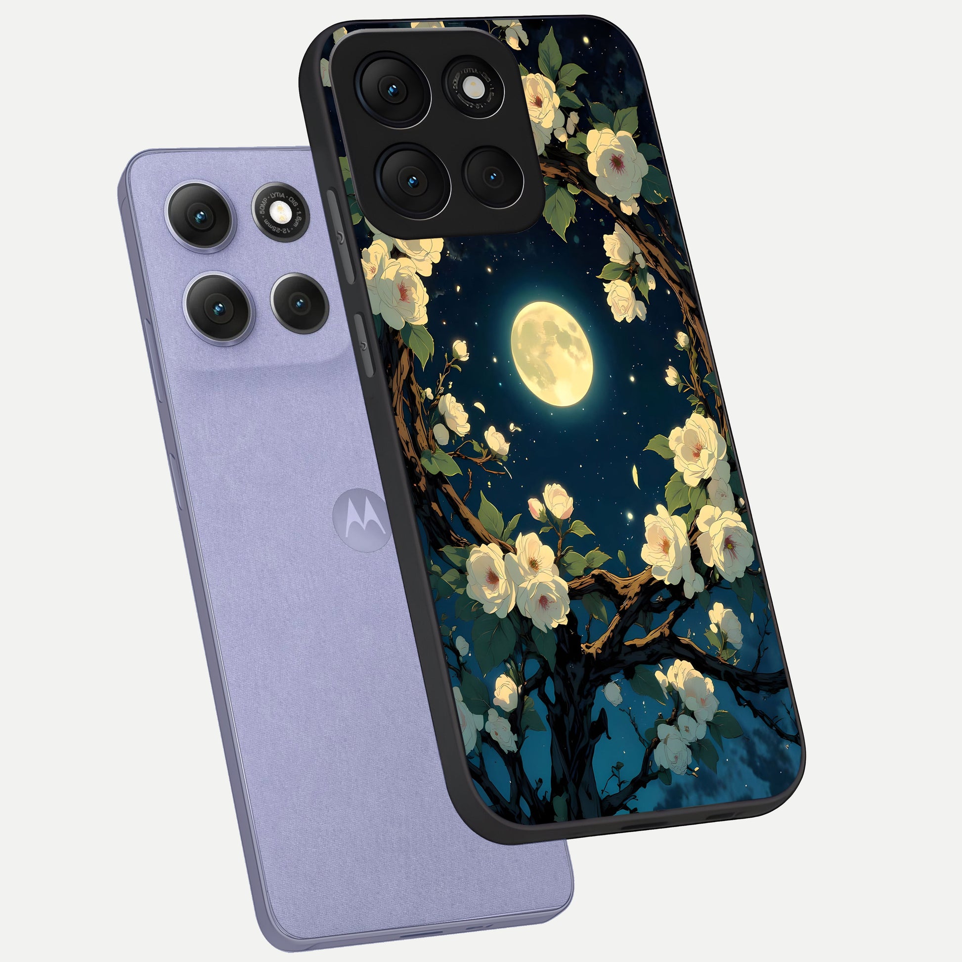  Celestial Moon And Flower phone case For Moto G86 Power showing premium glass back cover with detailed artwork