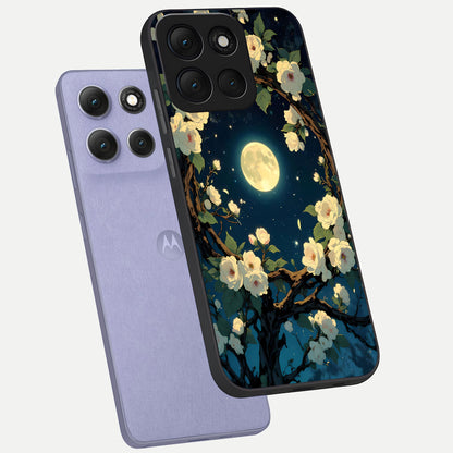  Celestial Moon And Flower phone case For Moto G86 Power showing premium glass back cover with detailed artwork