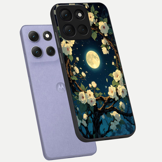  Celestial Moon And Flower phone case For Moto G86 Power showing premium glass back cover with detailed artwork