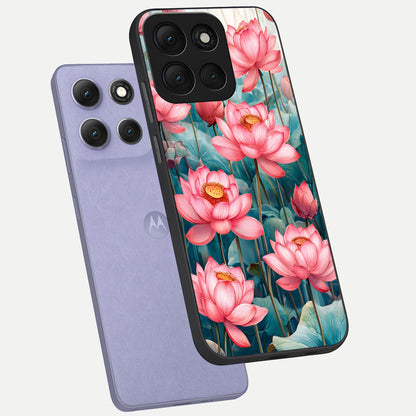  Celestial Pink Lotus phone case For Moto G86 Power showing premium glass back cover with detailed artwork