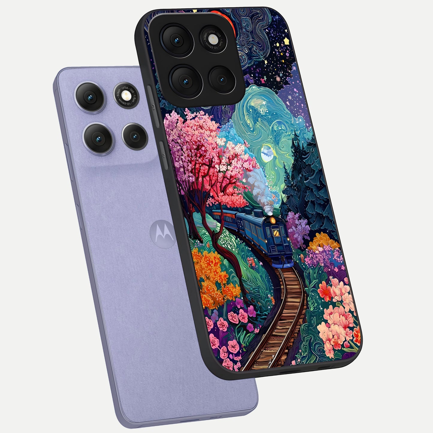  Celestial Train Journey phone case For Moto G86 Power showing premium glass back cover with detailed artwork