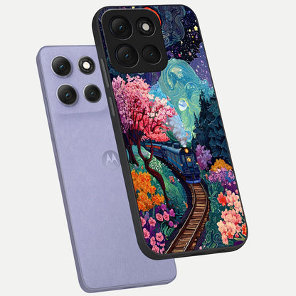  Celestial Train Journey phone case For Moto G86 Power showing premium glass back cover with detailed artwork