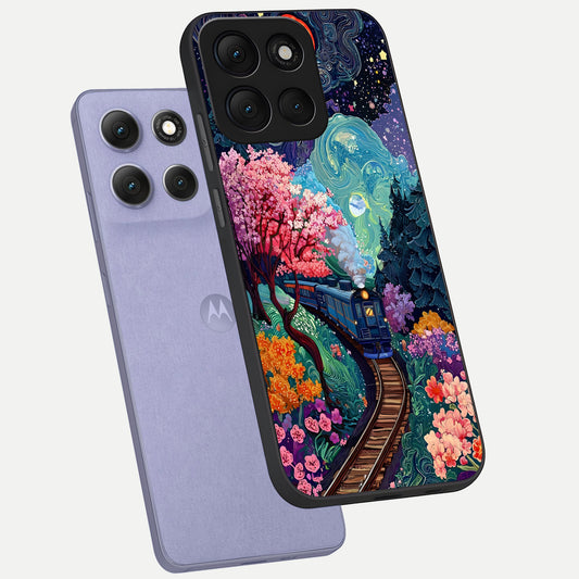  Celestial Train Journey phone case For Moto G86 Power showing premium glass back cover with detailed artwork