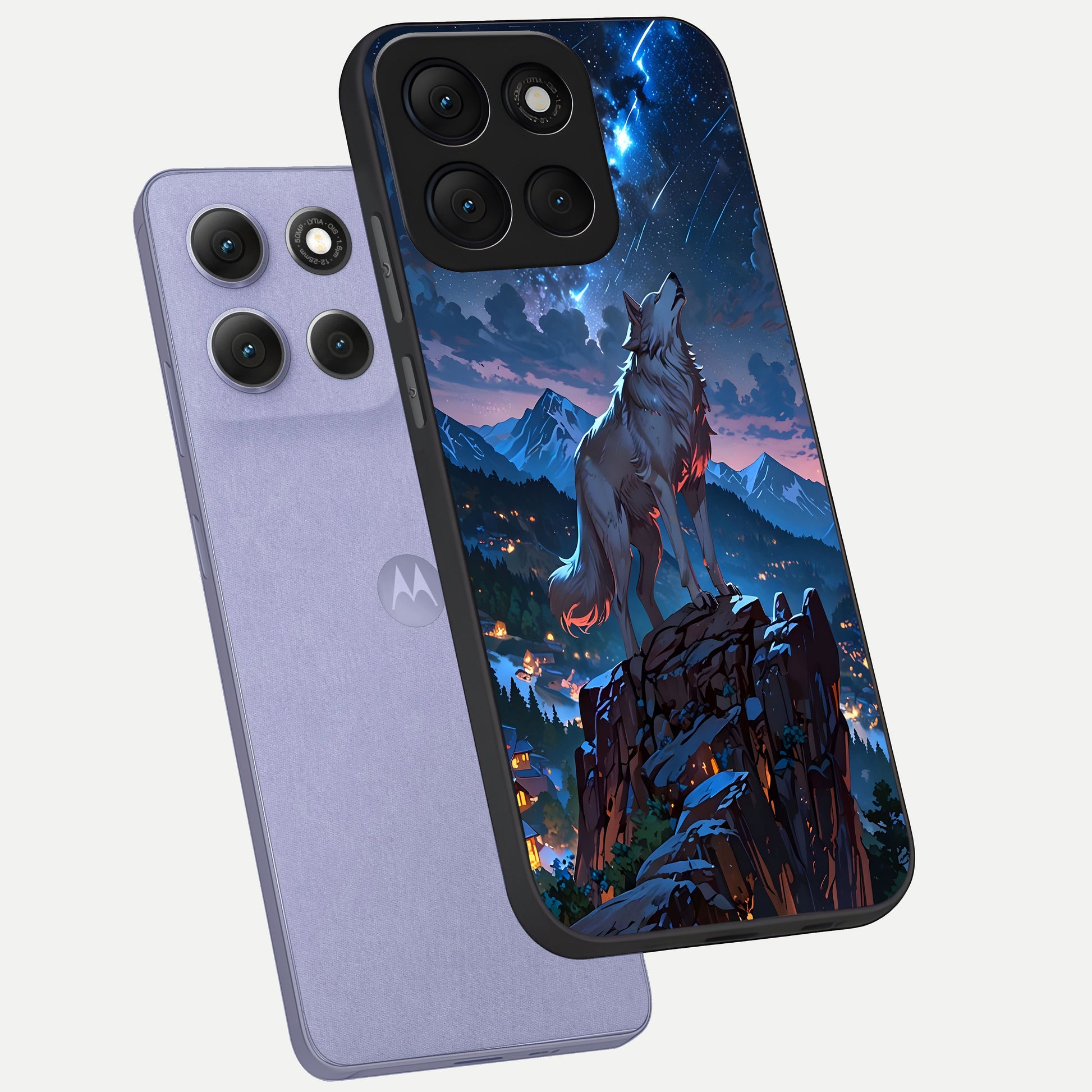  Celestial Wolf Howl phone case For Moto G86 Power showing premium glass back cover with detailed artwork