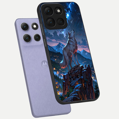  Celestial Wolf Howl phone case For Moto G86 Power showing premium glass back cover with detailed artwork