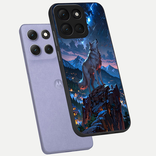  Celestial Wolf Howl phone case For Moto G86 Power showing premium glass back cover with detailed artwork