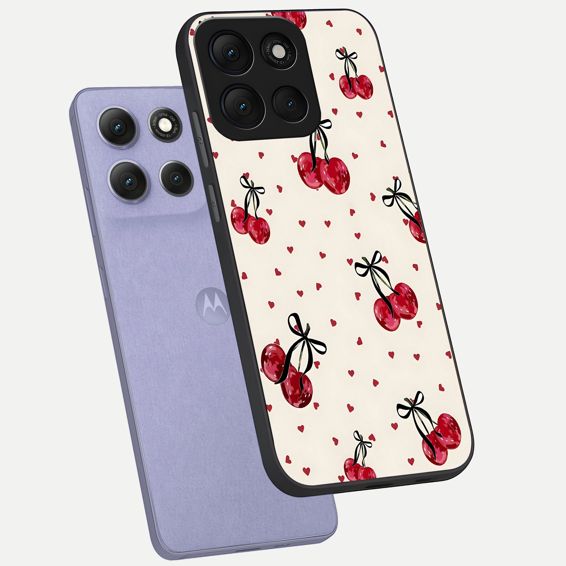  Cherry Heart Bow phone case For Moto G86 Power showing premium glass back cover with detailed artwork