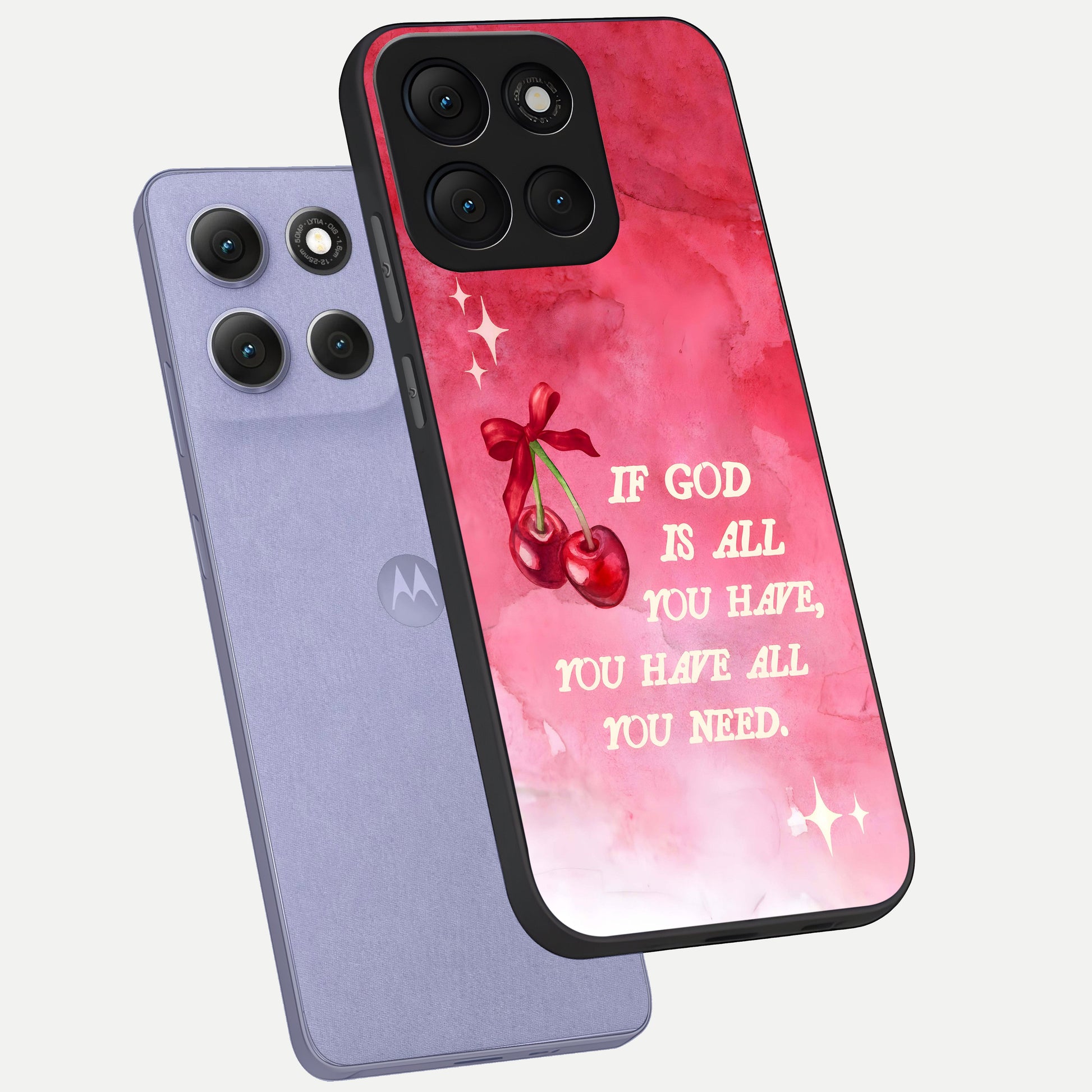  Cherry Quote phone case For Moto G86 Power showing premium glass back cover with detailed artwork