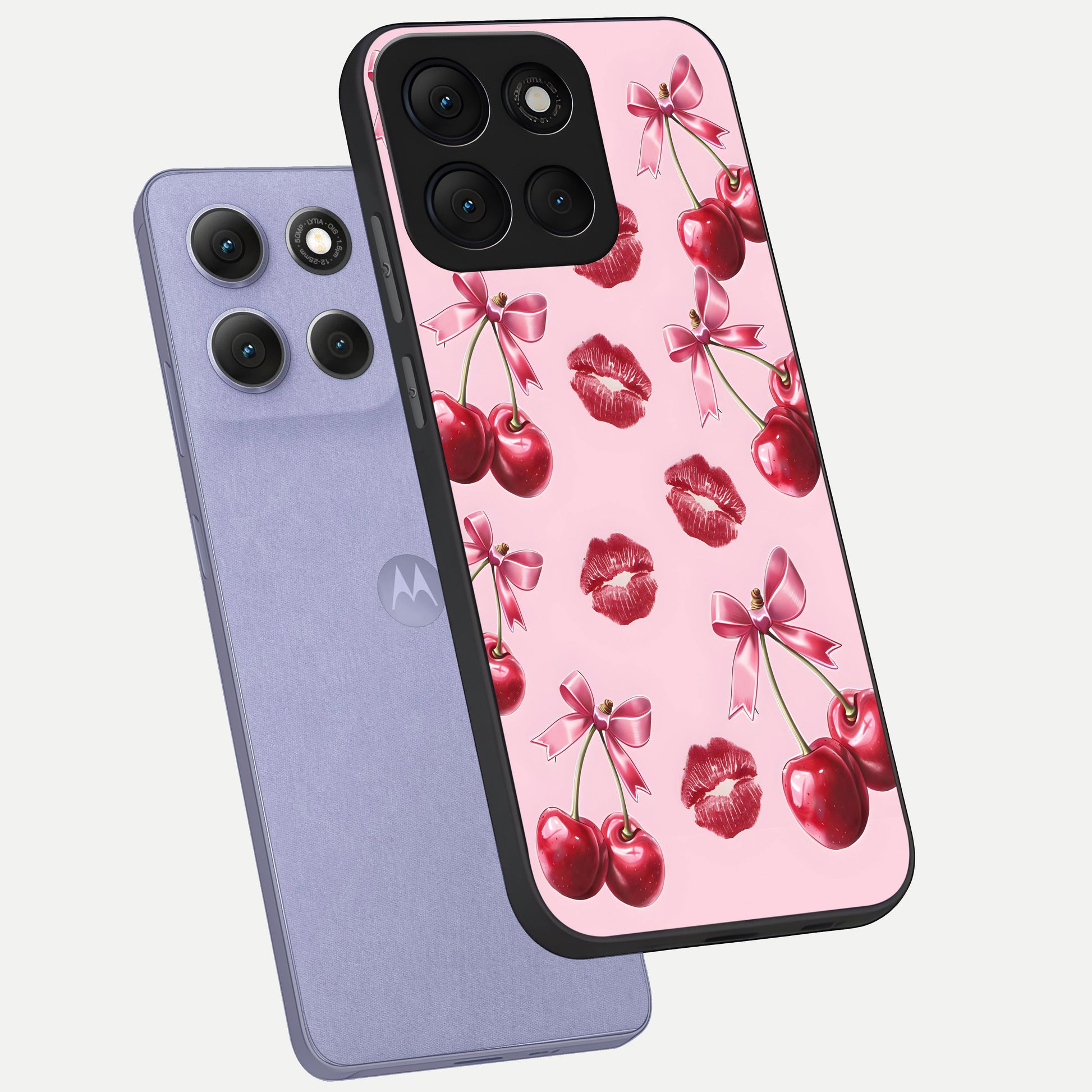  Cherry With Lips phone case For Moto G86 Power showing premium glass back cover with detailed artwork
